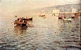 Attilio Pratella Canvas Paintings - Fishing Vessels Off A Coast